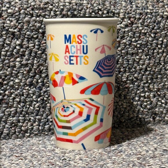 Starbucks Massachusetts Colorful Beach Umbrellas Ceramic Tumbler with Lid 12 oz. - Picture 1 of 9